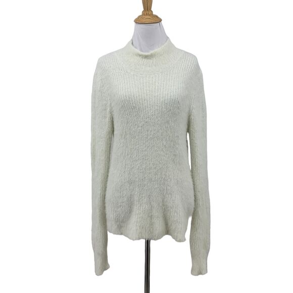 Marled Reunited Sweater Womens L Large White Fuzzy Knit Mock Neck Nylon Blend - Picture 1 of 11